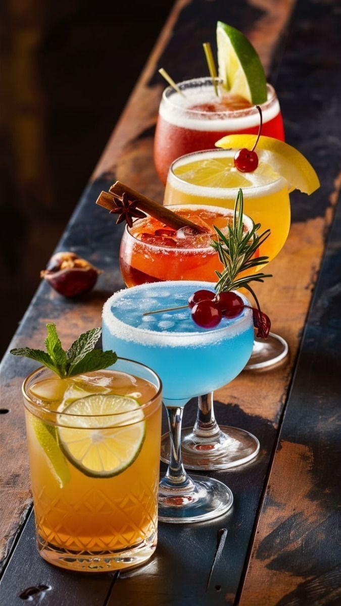 A lineup of TITANIUM signature cocktails garnished with citrus, cherries, mint and cinnamon